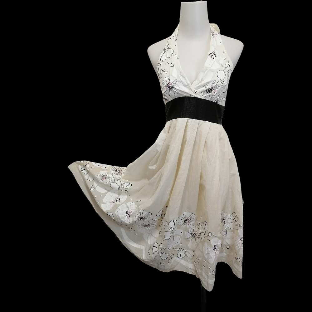 🌻🌻🌻 Halter Floral Midi Dress in Cream with Black Waistband by LILY